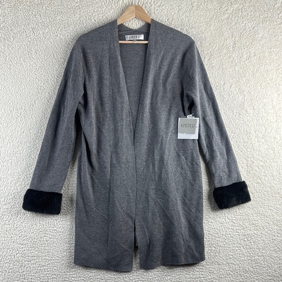 NWT Kasper Womens Gray Faux Fur Trim Cuff Open-Front Cardigan Sweater M MEDIUM - Picture 2 of 14